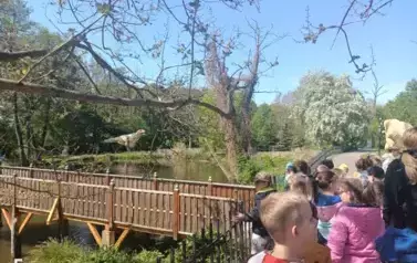 dzieci zwiedzają park dinozaur&oacute;w