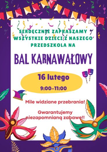 Plakat balu karnawałowego w przedszkolu
